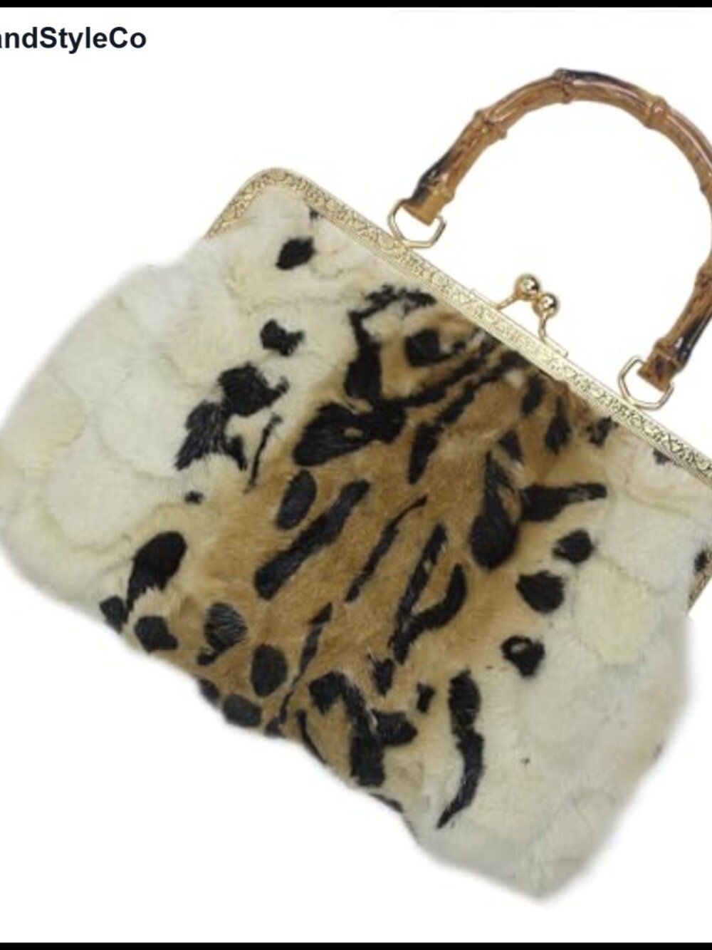 Genuine Mink Fur Clutch Handbag with Kisslock Frame and Faux Wood Handle